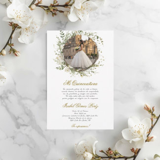 Weiße Quinceanera-Kleid mit Bild auf Spanisch Einladung