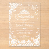 Weiße Quinceanera-Rosen-Schmetterlinge Acryleinladungen (Vorderseite)