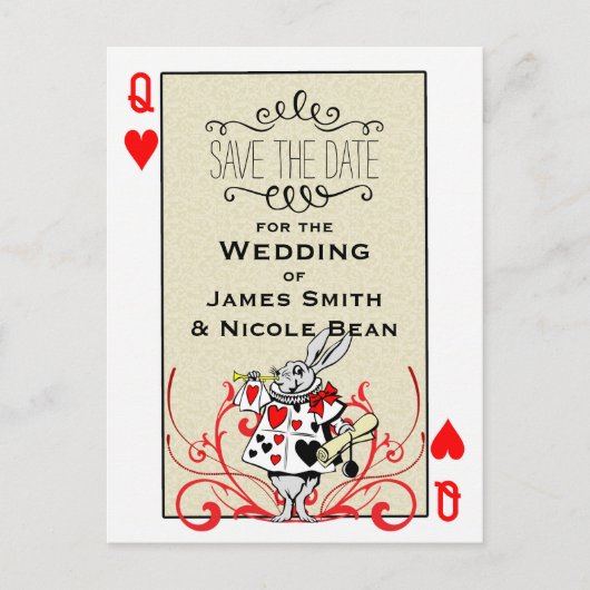 Weiße Rabbit Queen of Hearts Wonderland Rett Date Ankündigungspostkarte (Vorderseite)