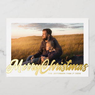 Weiße Rahmung & Goldene Frohe Weihnachten Foto Folien Feiertagskarte