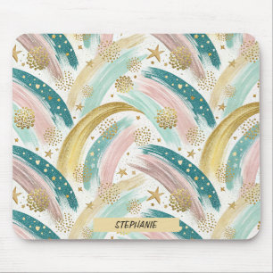 Weiße Rainbow Pastell Abstrakt mit Goldstars Mousepad