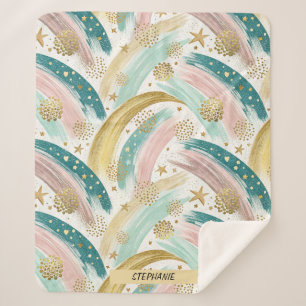 Weiße Rainbow Pastell Abstrakt mit Goldstars Sherpadecke