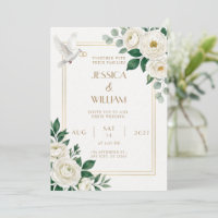 Weiße Ranunculus-Hochzeitseinladung mit Taube