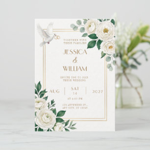 Weiße Ranunculus-Hochzeitseinladung mit Taube Einladung