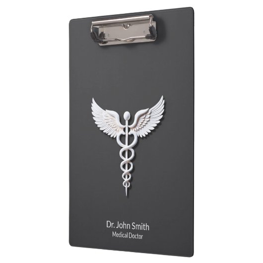 Weiße, reine, detaillierte Caduceus Anthrazit Klemmbrett (Links)