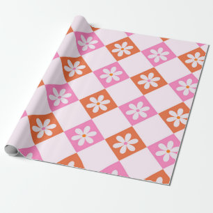 Weiße Retro-Blumen auf orangefarbenen und rosa Dia Geschenkpapier