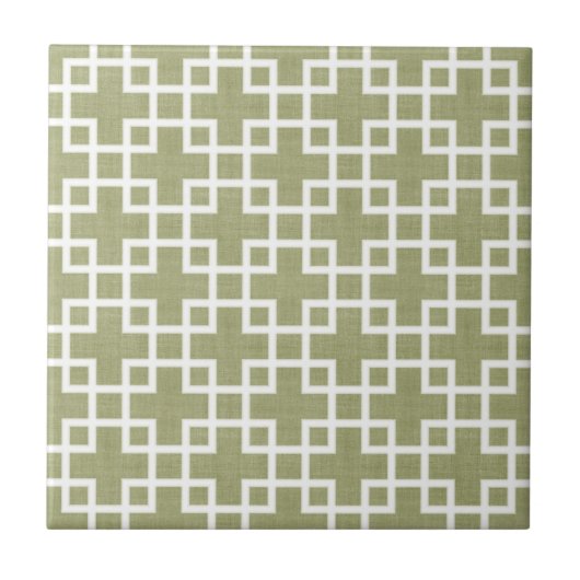 Weiße Retro-Chic-Quadrate-Muster auf Olive Green Fliese (Vorderseite)