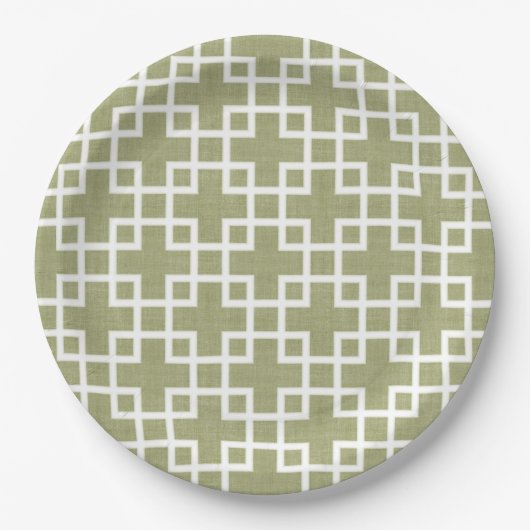 Weiße Retro-Chic-Quadrate-Muster auf Olive Green Pappteller (Vorderseite)