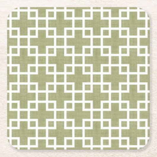 Weiße Retro-Chic-Quadrate-Muster auf Olive Green Rechteckiger Pappuntersetzer (Vorderseite)
