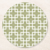 Weiße Retro-Chic-Quadrate-Muster auf Olive Green Runder Pappuntersetzer (Vorderseite)