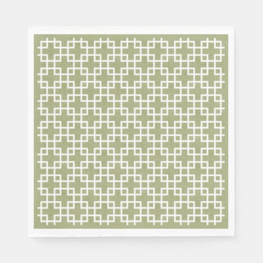 Weiße Retro-Chic-Quadrate-Muster auf Olive Green Serviette (Vorderseite)