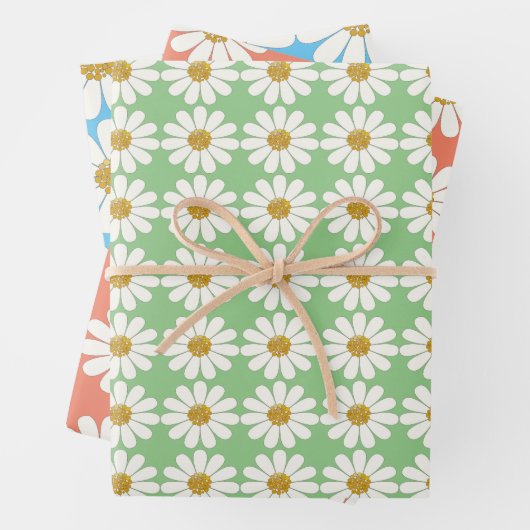 Weiße Retro Moderne Daisy-Blume Muster kundenspezi Geschenkpapier Set (Beispiel)