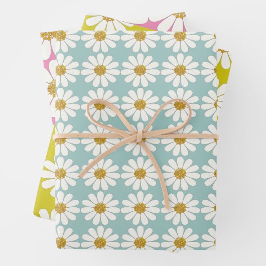 Weiße Retro Moderne Daisy-Blume Muster kundenspezi Geschenkpapier Set (Beispiel)