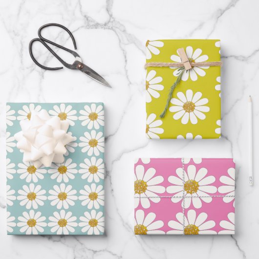 Weiße Retro Moderne Daisy-Blume Muster kundenspezi Geschenkpapier Set (Vorderseite)