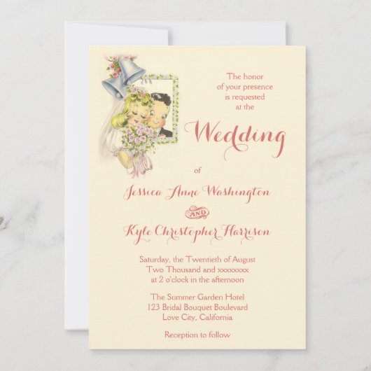 Weiße Retrobride und Hochzeit Einladung (Rückseite)