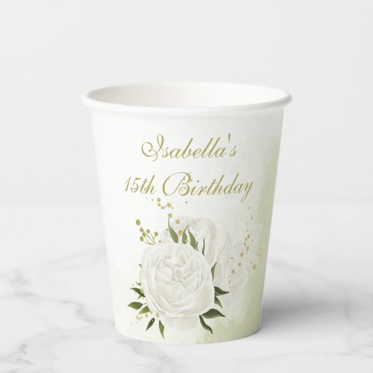 Weiße, romantische Blume, Grünpapiertassen Pappbecher (Rückseite)