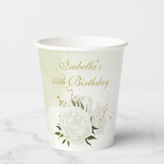 Weiße, romantische Blume, Grünpapiertassen Pappbecher (Vorderseite)