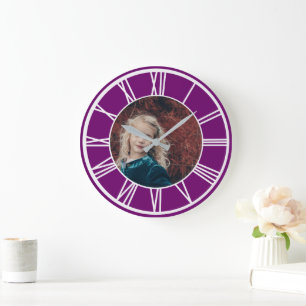Weiße römische Ziffern Grenze Lila Foto Runde hinz Große Wanduhr