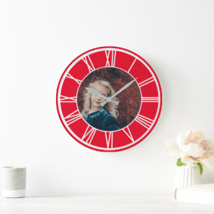 Weiße römische Ziffernrand Rot Foto Runde hinzufüg Große Wanduhr