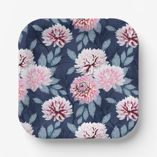 Weiße, rosa Blume auf dunkelblau. Pappteller (Vorderseite)