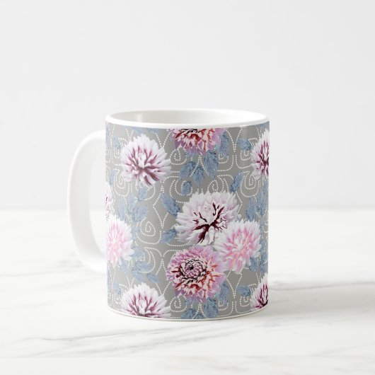 Weiße, rosa Blume auf grau. Kaffeetasse (Vorderseite Links)