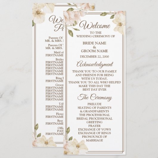 Weiße rosa Blumenrahmen Grün Moderne Hochzeit Programm (Vorne/Hinten)