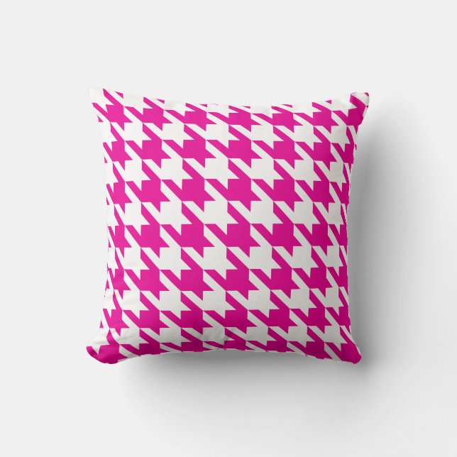 Weiße rosa Fuchsia Pied De Poule Houndstooth Kissen (Vorderseite)