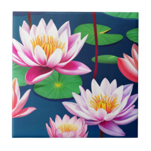 Weiße rosa Lotus-Seerosenblüten und grüne Blätter Fliese