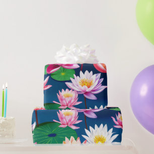 Weiße rosa Lotus-Seerosenblüten und grüne Blätter Geschenkpapier
