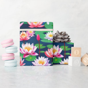 Weiße rosa Lotus-Seerosenblüten und grüne Blätter Geschenkpapier
