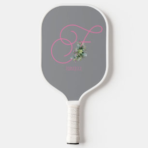 Weiße rosa Monogramm-Aquarellblume Pickleball Schläger