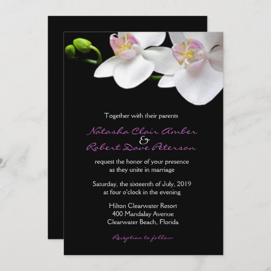 Weiße rosa Orchideen auf Schwarzer Hochzeit/Belieb Einladung (Vorne/Hinten)