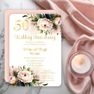 Weiße Rosa Pfingstrosen 50. Hochzeitstag Party Folieneinladung