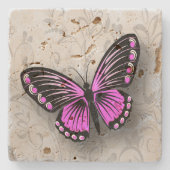 Weiße rosa Schmetterling auf grauer Flora Steinuntersetzer (Vorderseite)
