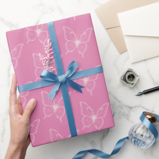 Weiße rosa Schmetterlinge Geburtstag Geschenkpapier (Schenken)
