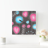 Weiße, rosa und blaue Herzen und Blume blühend Quadratische Wanduhr (Zuhause)