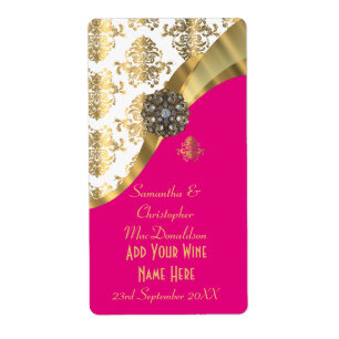 Weiße, rosa und goldene Damast Hochzeitsweinflasch