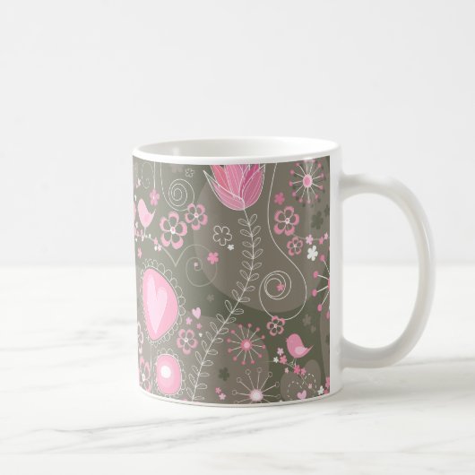 Weiße rosa und graue Herzen, Vögel und Blume Kaffeetasse (Rechts)
