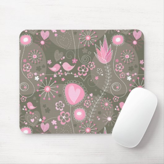 Weiße rosa und graue Herzen, Vögel und Blume Mousepad (Mit Mouse)