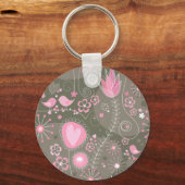 Weiße rosa und graue Herzen, Vögel und Blume Schlüsselanhänger (Vorderseite)