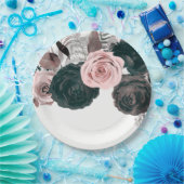Weiße rosa und schwarze Blumengrün Weiße Hochzeit Pappteller (Party)