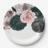 Weiße rosa und schwarze Blumengrün Weiße Hochzeit Pappteller (Vorderseite)