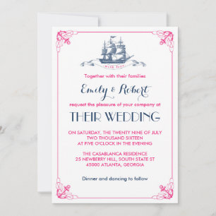 Weiße rosa Vintage-Schiff-Anker-Hochzeitseinladung Einladung