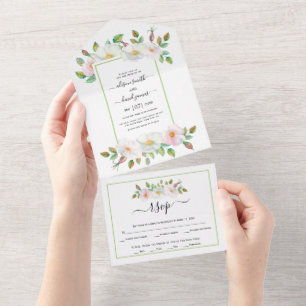 Weiße rosa wilde Rosenblüten grüne Hochzeit All In One Einladung