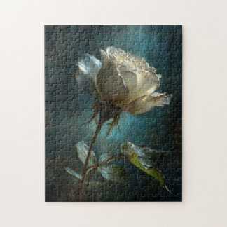 Weiße Rose auf Aquamarin gestrichenem Hintergrund Puzzle
