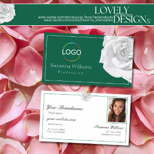 Weiße Rose auf Grün mit Logo und Foto, liebevoll g Visitenkarte