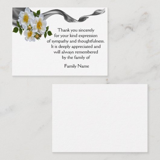 Weiße Rose auf schwarzem Ribbon nach der Beerdigun Mitteilungskarte (Vorne/Hinten)