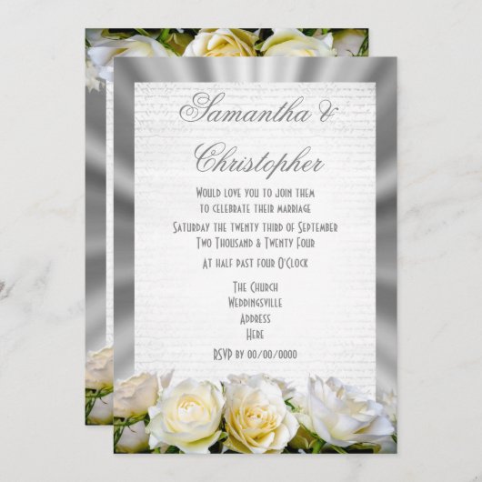 Weiße Rose auf Silbergraue Hochzeit Einladung (Vorne/Hinten)