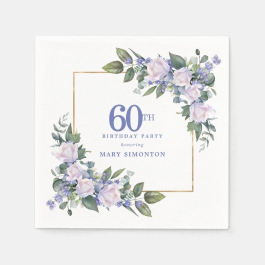 Weiße Rose Blaue Blumen benutzerdefinierte 60. Geb Serviette (Vorderseite)