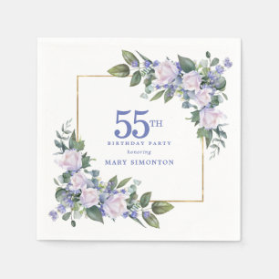 Weiße Rose Blaue Blumen zum 55. Geburtstag Serviette